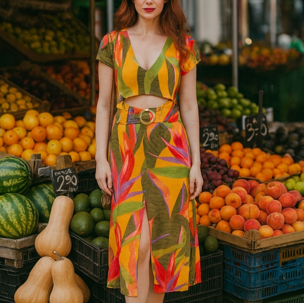 Farm Rio Dress - Yellow Garden Linen Midi Maxi Tropical Palm - Picture 4 of 10